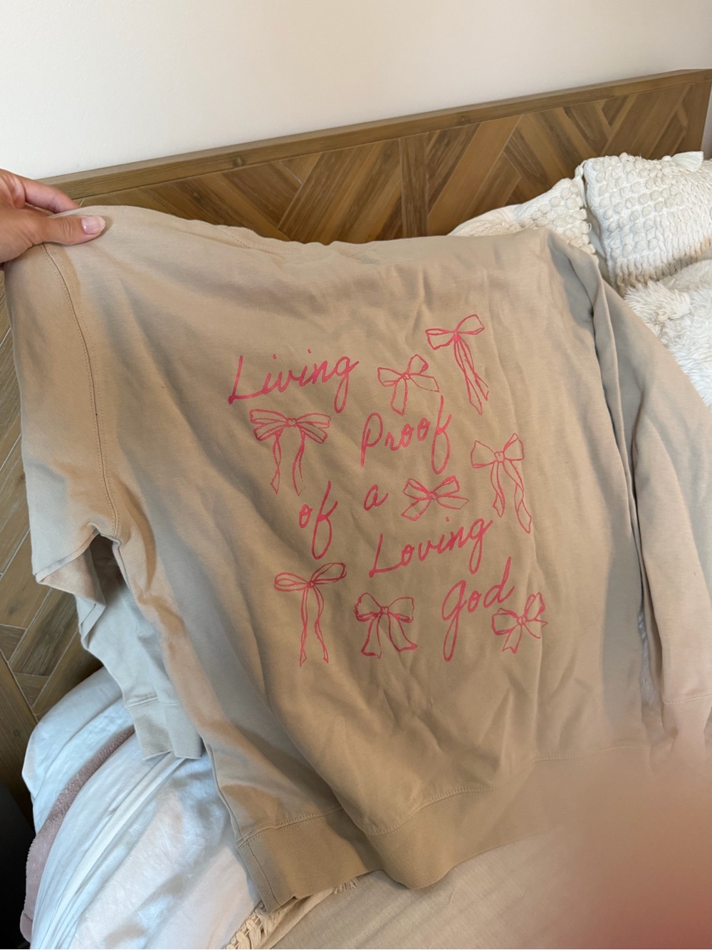 Worn once Living Proof of a Loving God with bows Beige hoodie